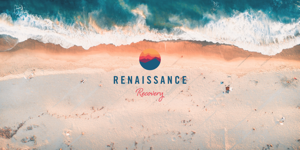 A california beach from an above perspective with the Renaissance Recovery logo typeface across the center. 
