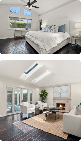 2 photos with the top being a bedroom and the bottom being a living room