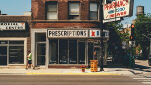 A downtown prescription drug store, representing prozac: side effects, addiction, and FAQs.