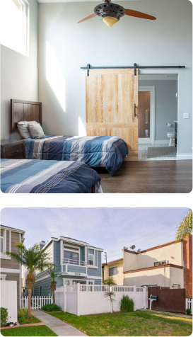 2 photos with the top being a 2 bed bedroom and the bottom being the outside of a renaissance recovery rehab center in southern california